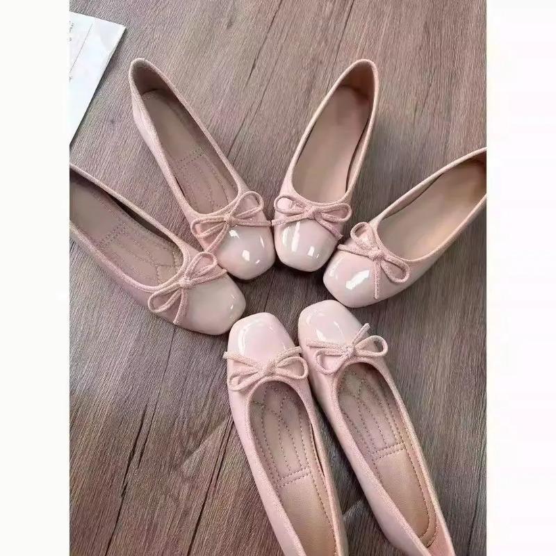 Heels - レディース バレエシューズ スクエアトゥ リボン スリップオン パテント調