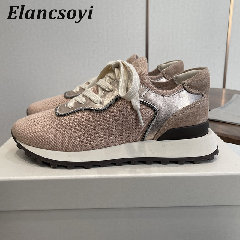 Knit Fabric Lace Up Sneakers - スニーカー女性ストリングビーズニット通気性カジュアルシューズ混合色レースアップフラットシューズ春秋厚底パパシューズ