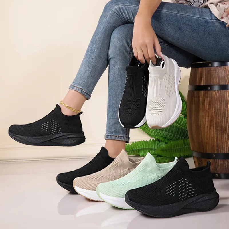 Knit Fabric Lace Up Sneakers - ユニセックス スリップオン ソックス ランニングシューズ 通気性のあるニットメッシュスニーカー 軽量クッション