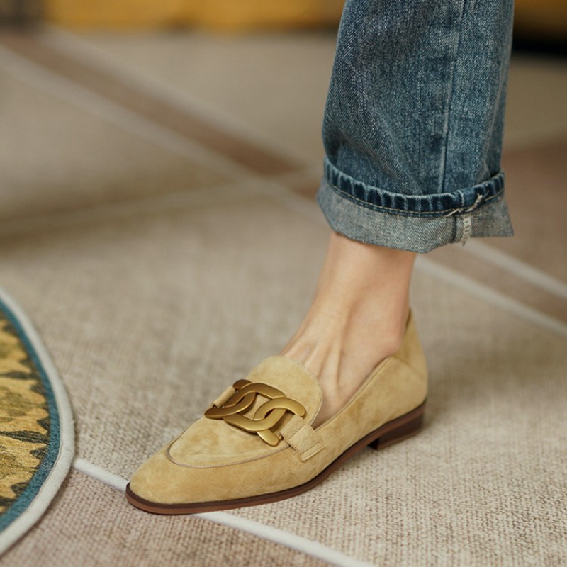 女性用スエードレザーモカシン,ラウンドトゥのローヒールシュー - Heels のレビューと価格