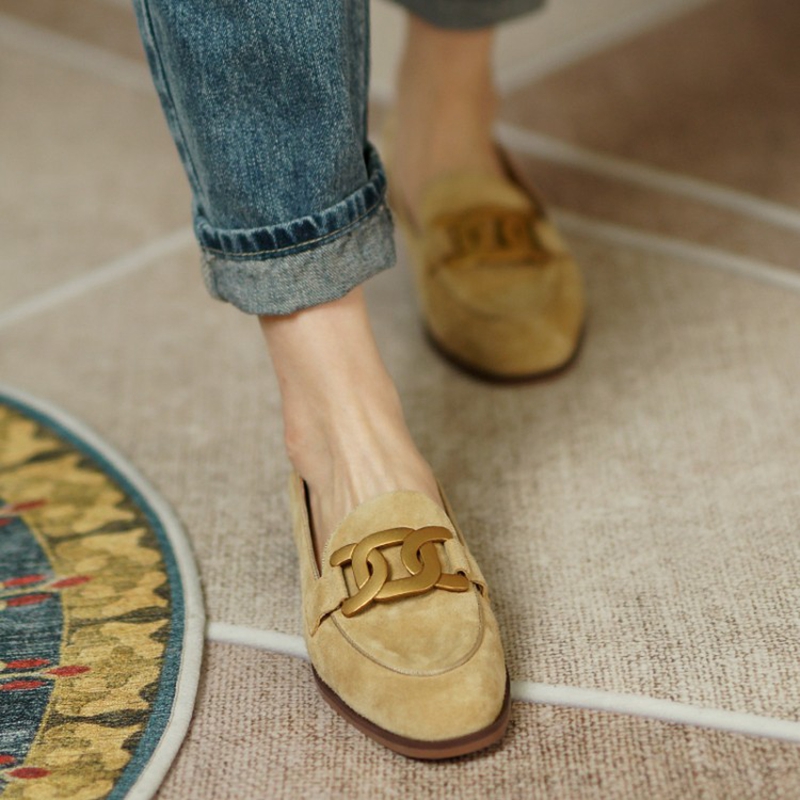 女性用スエードレザーモカシン,ラウンドトゥのローヒールシュー - Heels のレビューと価格