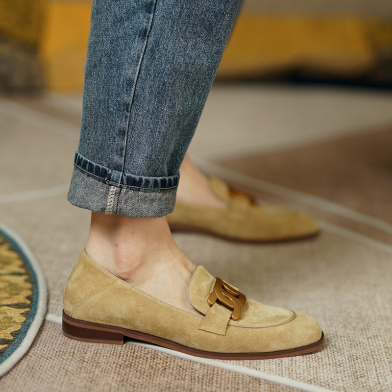 女性用スエードレザーモカシン,ラウンドトゥのローヒールシュー - Heels のレビューと価格