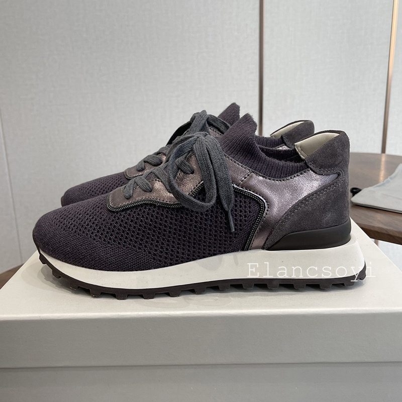 スニーカー女性ストリングビーズニット通気性カジュアルシューズ - Knit Fabric Lace Up Sneakers のレビューと価格